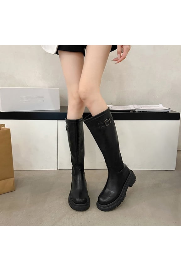 Women's Fashion Casual Winter Knee-High Boots – Solid Color Round-Toe Rear Zipper with Chunky Low Heel, Stylish Everyday Winter Footwear for Women