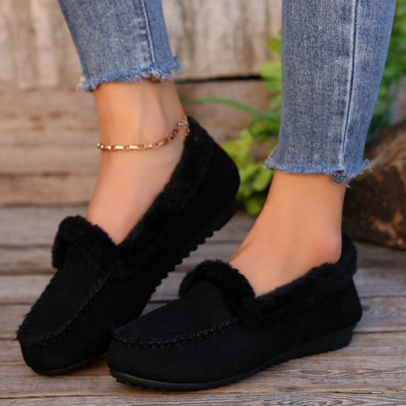 Wowcloth Women's Fashion Casual Winter Lined Cotton Shoes – Warm Slip-On with Round Toe and Flat Sole, Solid Color Low-Cut Design for Daily Winter Wear