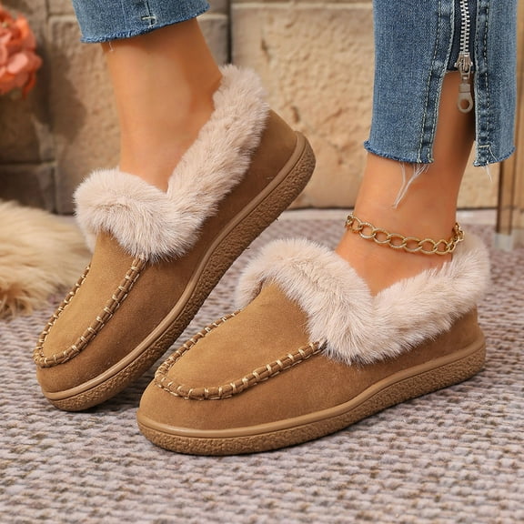 Wowcloth Women's Fashion Casual Winter Slip-On Cotton Shoes – Fleece-Lined Warm Round Toe, Solid Color Design for Cozy Home and Outdoor Wear
