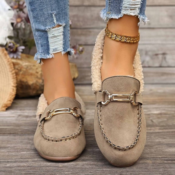 Wowcloth Women's Fashion Casual Winter Slip-On Shoes – Comfortable Fleece Lined Round Toe Solid Color for Everyday Wear