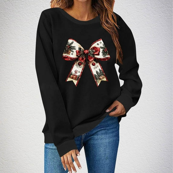 Wowcloth Women's Fashion Christmas Print Long Sleeve Round Neck Loose Sweatshirt - Non-Hooded Relaxed Fit for Holiday & Casual Wear
