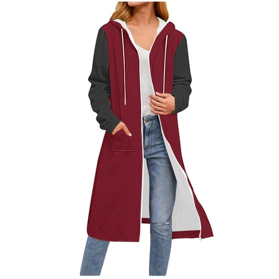 Wowcloth Women's Fashion Color Block Long Sleeve Hooded Sweatshirt - Drawstring Hood, Full-Zip Front, Longline Design with Kangaroo Pocket for Casual Streetwear & Loungewear