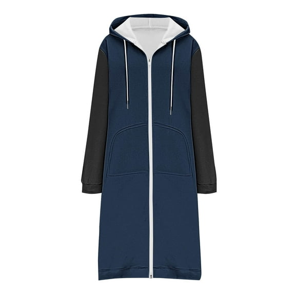 Wowcloth Women's Fashion Color Block Long Sleeve Hooded Sweatshirt - Drawstring Hood, Full-Zip Front, Longline Design with Kangaroo Pocket for Casual Streetwear & Loungewear