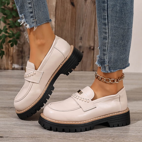 Wowcloth Women's Fashion Loafers – Round Toe with Metal Buckle, Glossy Finish British Style Casual Shoes for Versatile Wear