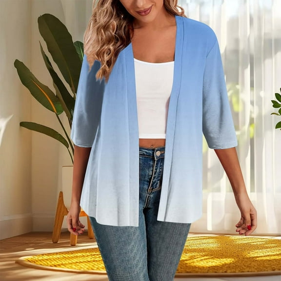 Wowcloth Women's Fashion Open Casual 3/4 Length Sleeve Gradient Color Blouses Dressy Office Soft Tops