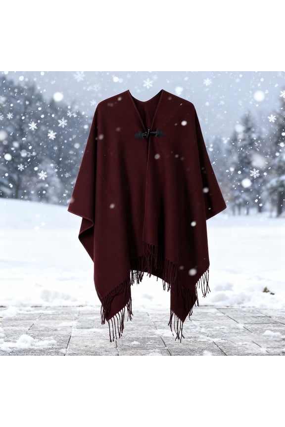Women's Fashion Shawl, Solid Color Fringe with Button Closure, Warm Mid-Length Slit Design Outerwear for Daily