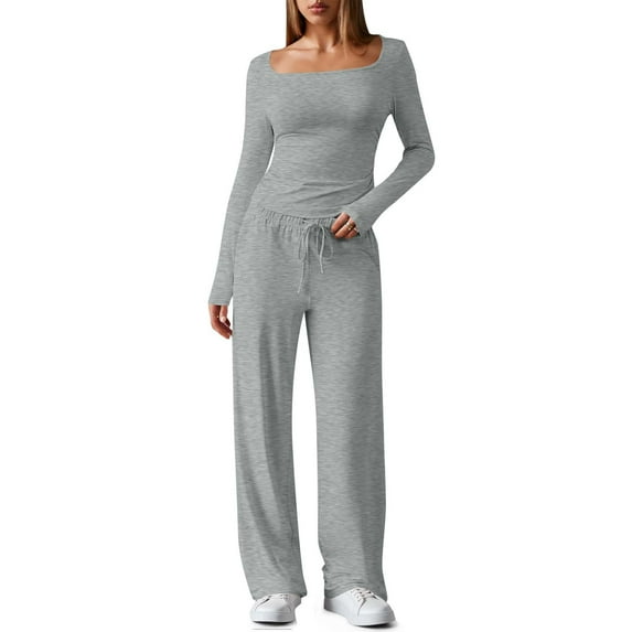 Wowcloth Women's Fashion Solid Color Casual Long Sleeve Square Neck Top and Elastic Waist Drawstring Pocket Pants Two-Piece Set
