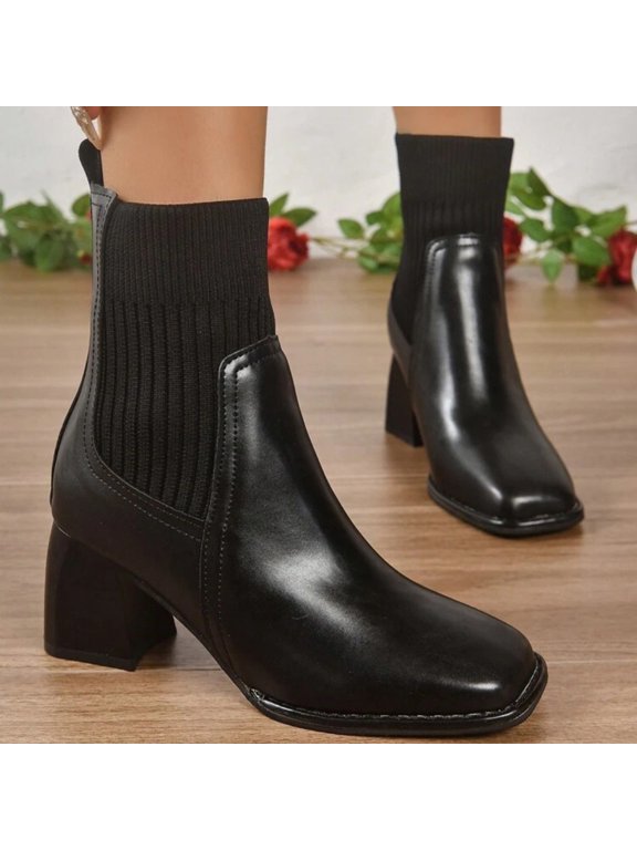 Women's Fashion Winter Ankle Boots – Fly Knit Elastic Collar with Chunky High Heel for Casual Stylish Wear