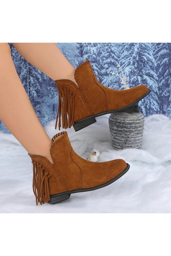 Women's Fashion Winter Ankle Boots – Trendy Casual Solid Suede Tassel Detail Low Heel with Winter Style Footwear