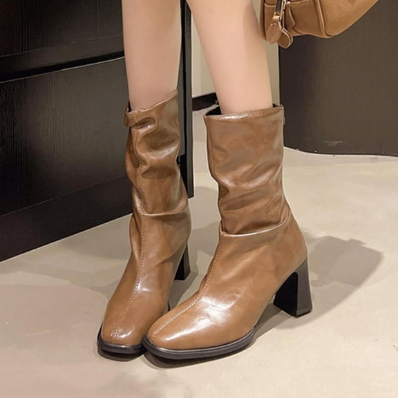 Wowcloth Women's Fashion Winter Casual Boots – Comfortable Stacked Fold Design with Pointed Toe & Rear Zipper Chunky Heel Mid-Calf Boots for Everyday Outfits
