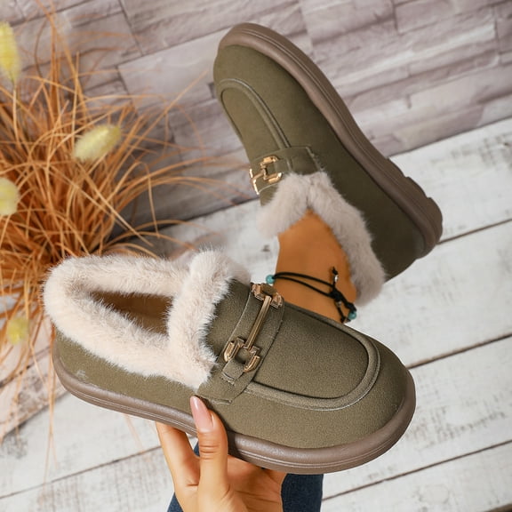 Wowcloth Women's Fashion Winter Fleece-Lined Cotton Shoes – Cozy Warmth with Metal Buckle Accents & Round Toe Design, Flat Sole Comfortable Footwear for Casual Daily Wear