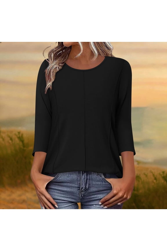Women's Fashionable Casual Solid Color 3/4 Sleeved Round Neck Spring And Summer Top