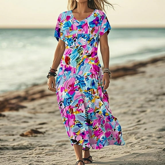 Wowcloth Women's Fashionable Printed Short-Sleeved V-neck Dress Long Skirt - Stylish Corporate Event Outfit