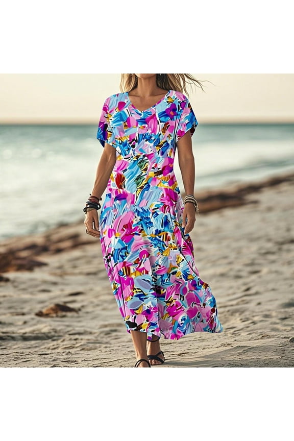 Women's Fashionable Printed Short-Sleeved V-neck Dress Long Skirt - Stylish Corporate Event Outfit