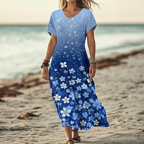 Wowcloth Women's Fashionable Printed Short-Sleeved V-neck Dress Long Skirt - Stylish Garden Wedding Guest Dress