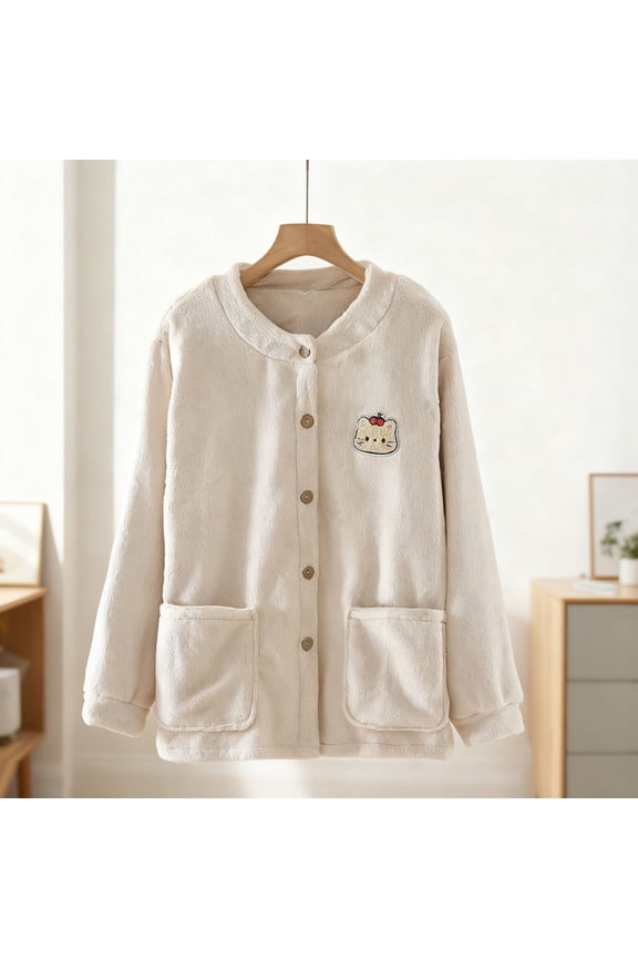 Women's Flannel Robe, Plush Fleece-Lined and Thickened, Warm Button-Front Cardigan for Home Lounge and Winter Indoor Use