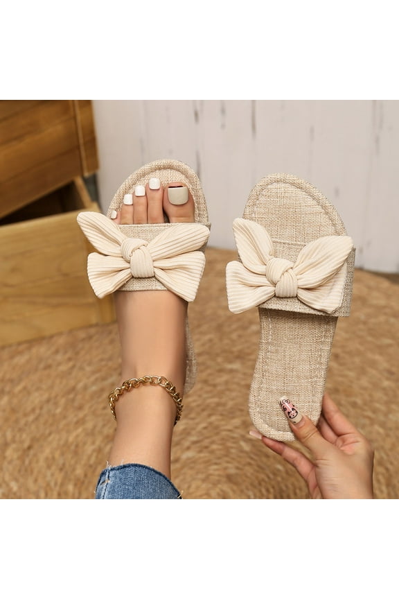 Women's Flat Sandals – Summer Dressy Style Bow-Embellished Slide-On Round-Toe Casual Fashion Footwear for Everyday Wear,Plus Size