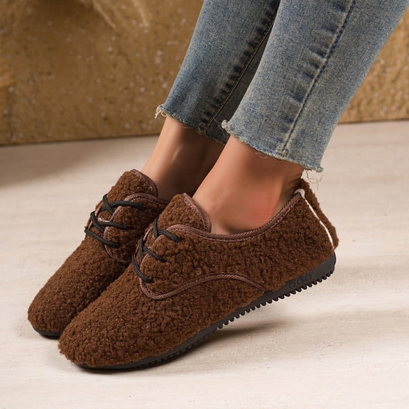 Wowcloth Women's Fleece Lined Cotton Shoes – Comfortable Slip-On with Solid Color Round Toe and Front Lace Design for Warmth – Casual Winter Footwear