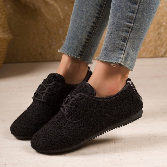 Wowcloth Women's Fleece Lined Cotton Shoes – Comfortable Slip-On with Solid Color Round Toe and Front Lace Design for Warmth – Casual Winter Footwear