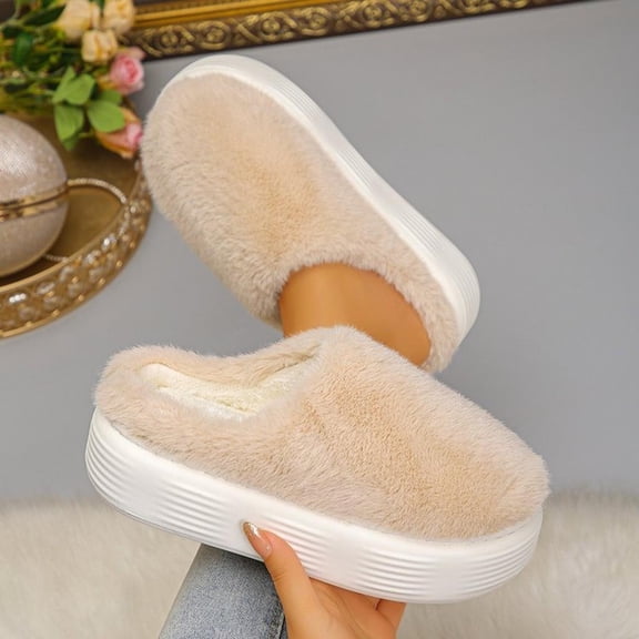 Wowcloth Women's Fleece-Lined Plush Slippers – Comfortable Thick Sole Non-Slip Design with Cotton Interior for Indoor Home Use in Autumn Winter Fashion