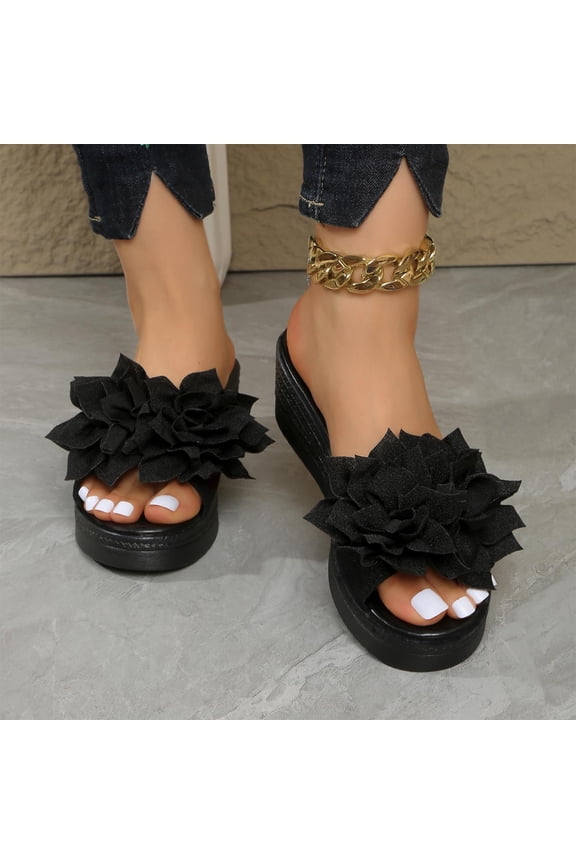 Women's Floral Peep Toe Wedge Sandals - Solid Color Thick Sole for Summer Casual Outdoor Wear