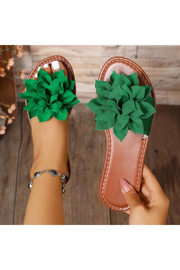 Women's Floral Slide Sandals – Solid Color Flat Heel with Peep Toe and Fabric Upper for Casual Outdoor Wear