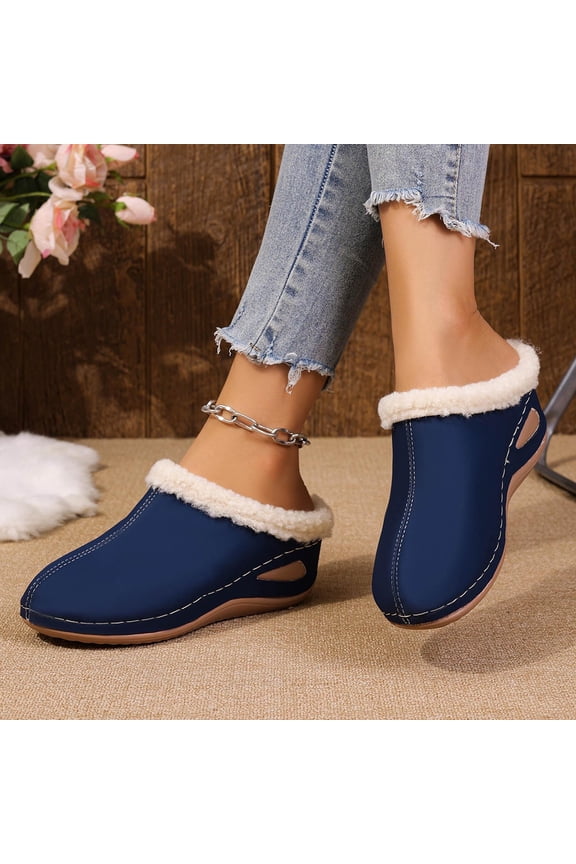Women's Fur-Lined Slide Slippers – Comfortable Platform Wedge Heel with Warm Fleece Lining, Oversize Fit for Casual Home Wear in Fall and Winter