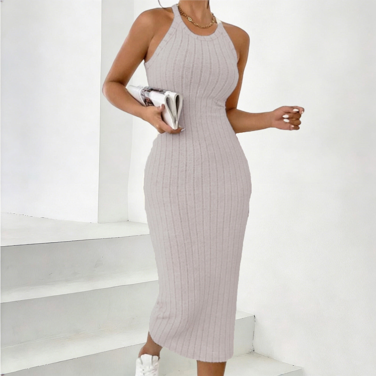 ribbed halter midi dress Hannah Slinky Halter Midi Dress  Shop American Threads Women's Trendy Online Boutique Beige / S / No returns/exchanges