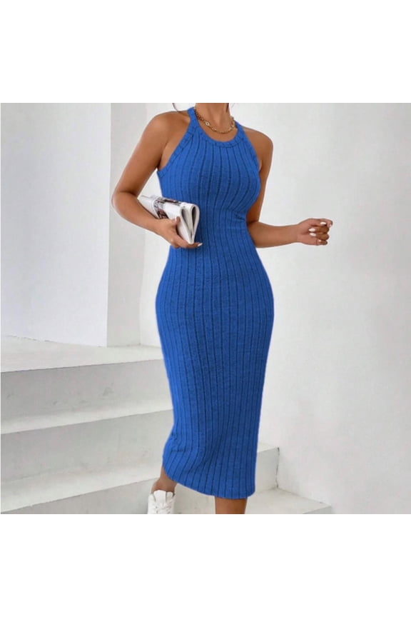 Women's Halter Neck Dress, Sleeveless Ribbed Knit Slim Fit Midi, Solid Color for Daily Wear and Evening Parties