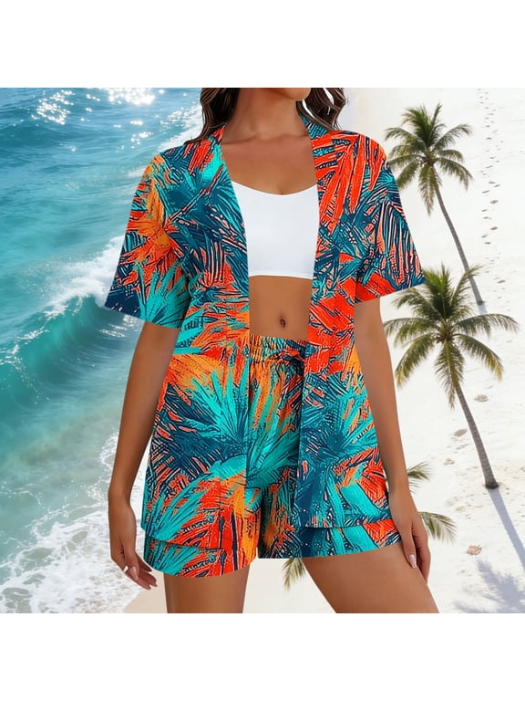 Women's Hawaiian Print Beach Set, Loose Fit with Pockets, Casual Comfortable Outfit for Vacation and Daily Wear