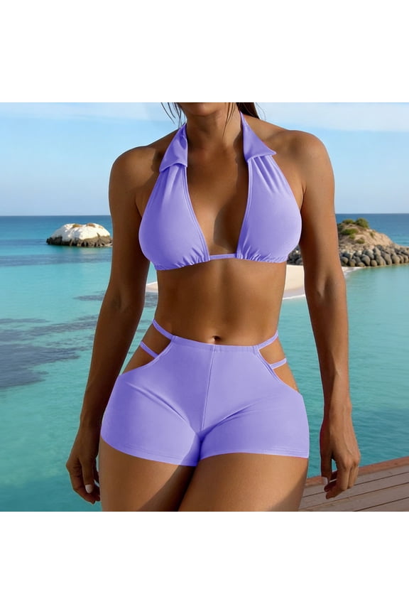 Women's High-Waisted Hollow-Out Deep V-Neck Bikini Swimsuit Set, Two-Piece for Beach Swimming and Vacation