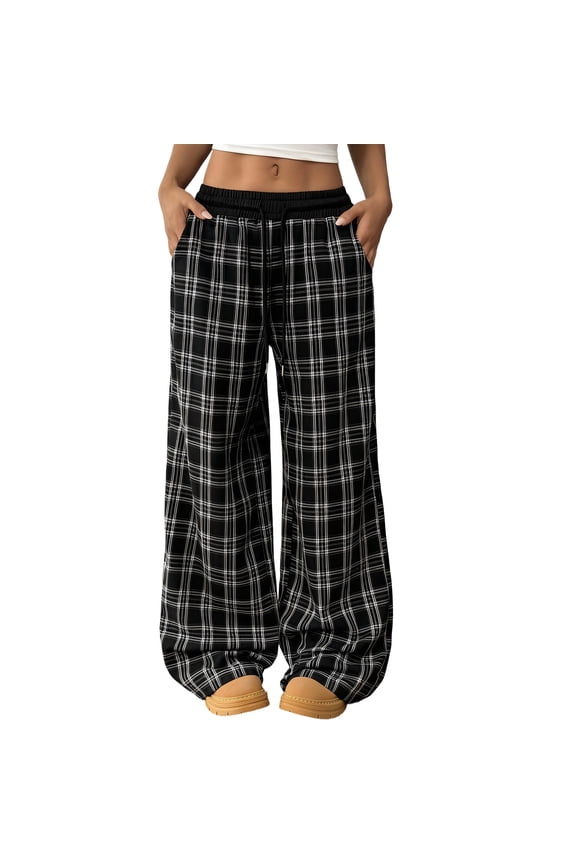Women's High-Waisted Plaid Pants, Patchwork Design, Comfortable Fit for Casual Wear and Daily Use