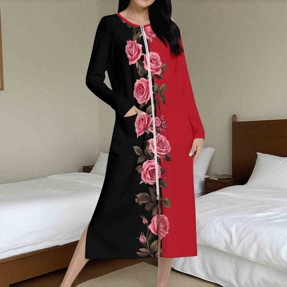Wowcloth Women's Home Loungewear Sleep Dress - Relaxed Fit Raglan Sleeve Long Sleeve Printed Nightgown for Cozy Nights & Indoor Relaxation