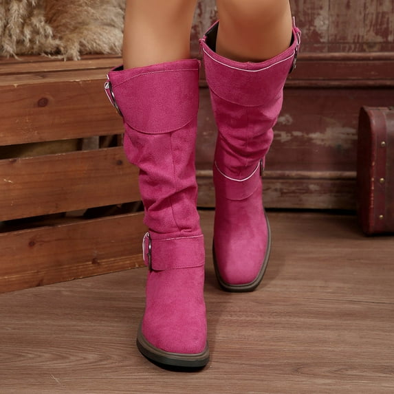 Wowcloth Women's Knee High Boots - Multi-Color Buckle Design with Chunky Heel and Suede Texture, Vintage Style Casual Fashion Boots for Autumn Winter