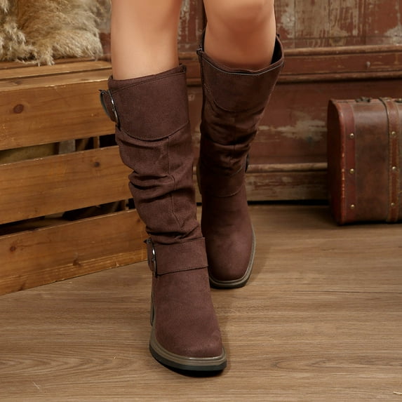 Wowcloth Women's Knee High Boots - Multi-Color Buckle Design with Chunky Heel and Suede Texture, Vintage Style Casual Fashion Boots for Autumn Winter