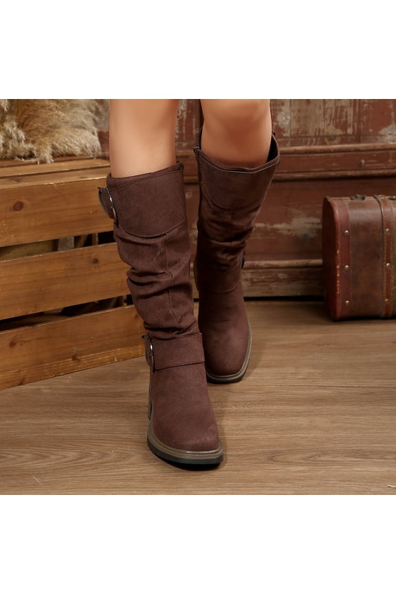 Women's Knee High Boots - Multi-Color Buckle Design with Chunky Heel and Suede Texture, Vintage Style Casual Fashion Boots for Autumn Winter