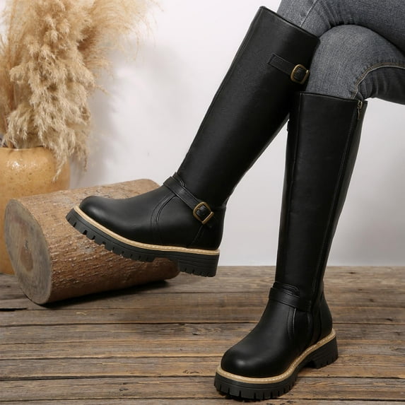 Wowcloth Women's Knee-High Boots – Pull-On Design with Buckle Strap and Chunky Heel in Solid Color for Winter Casual Retro Fashion