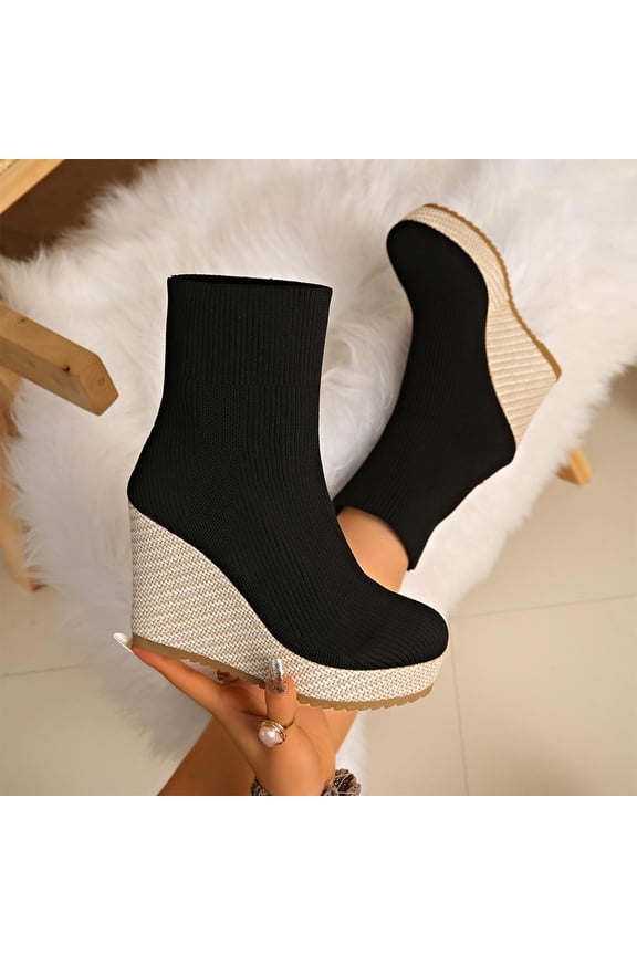 Women's Knit Booties with Wedge Heel & Woven Design – Comfortable Slip-On for Fall/Winter Seasons, Versatile Office & Casual Outfit Wear