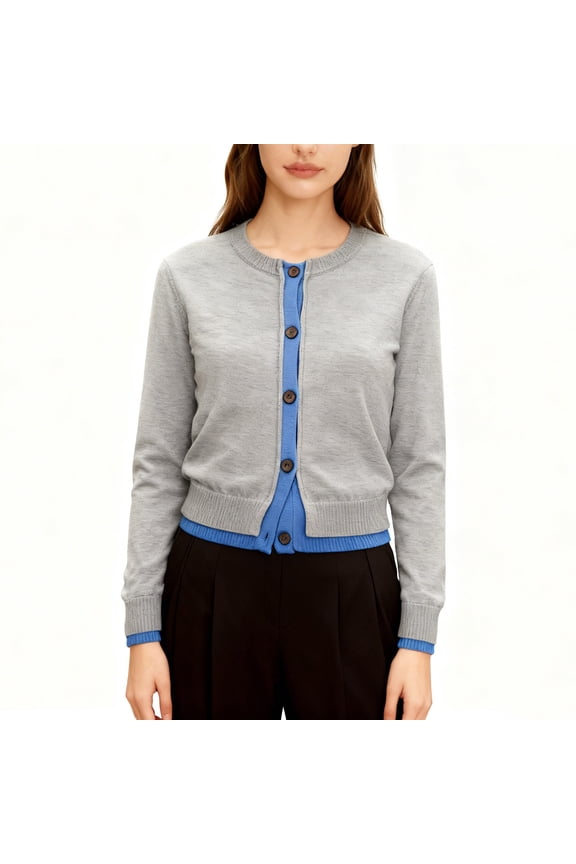 Women's Knit Cardigan, Round Neck Long Sleeve with Contrast Buttons, Cropped Style for Casual Daily Wear