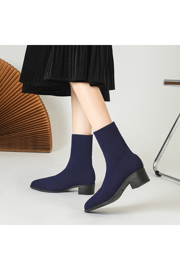 Women's Knit Stretch Ankle Booties – Fashion Casual Chunky Heel Booties with Solid Color Pointed Toe for Daily Wear
