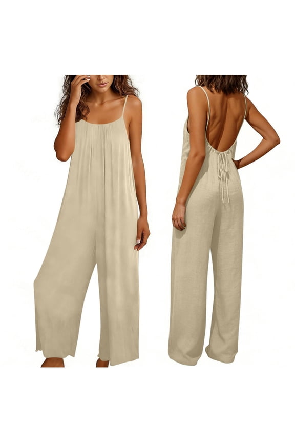 Women's Linen Cotton Jumpsuit, Strapless Backless Design, Solid Color Fashion Casual One-Piece for Daily Wear