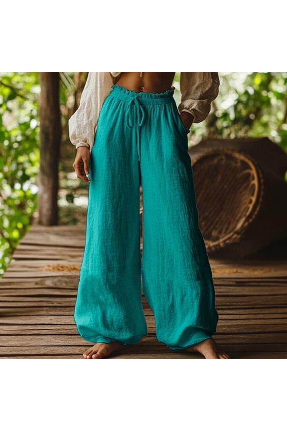 Women's Linen Cotton Wide Leg Pants, Solid Color Bohemian Style with Side Pockets and Drawstring Elastic Waist, Casual Comfortable Loose Fit for Daily Wear