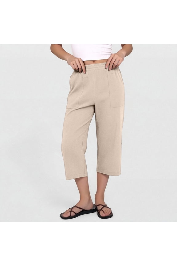Women's Linen Drawstring Pants, Solid Color Wide Leg Cropped Trousers, Breathable Casual Comfort Fit for Daily Wear and Relaxation