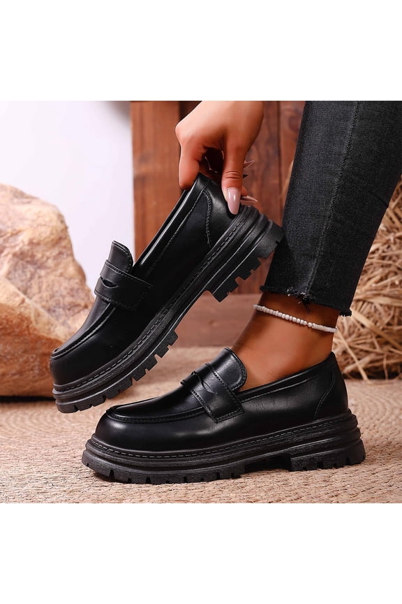 Women's Loafers - New Retro Solid Color Round Toe Block Heel Platform Mid-Heel Casual Shoes for Everyday Wear