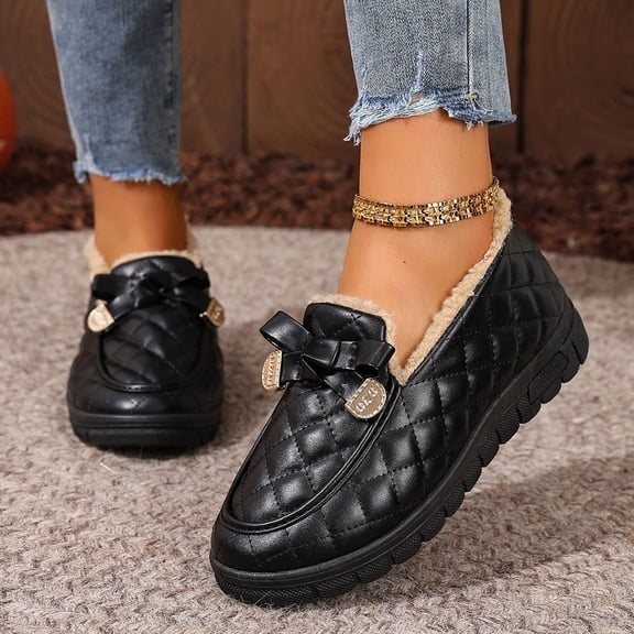 Wowcloth Women's Loafers & Snow Boots - Comfortable Round Toe Bow Design with Fleece Lining, British Style Casual Shoes for Autumn Winter Wear