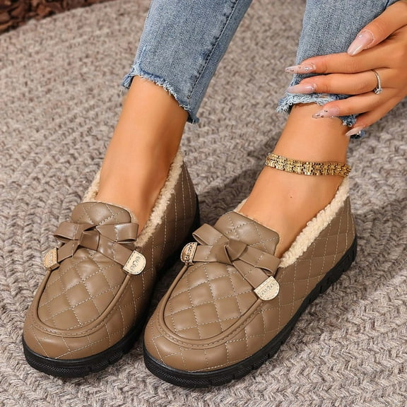 Wowcloth Women's Loafers & Snow Boots - Comfortable Round Toe Bow Design with Fleece Lining, British Style Casual Shoes for Autumn Winter Wear