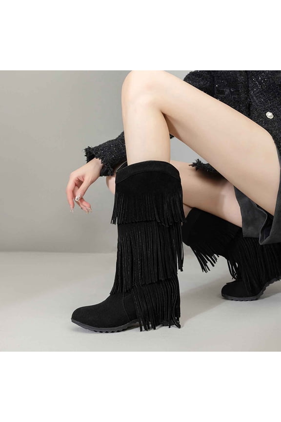 Women's Long Boots, Stylish Casual British Vintage Design, Chunky Platform Heel with Tassel Detailing and High Shaft for Fall Winter Fashion and Versatile Outfit Pairing