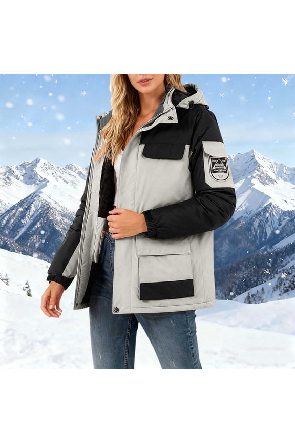 Women's Long Cotton Jacket with Color Block, Zipper and Button Pockets, Drawstring Hooded Long Sleeve, Soft and Warm for Casual Daily Wear