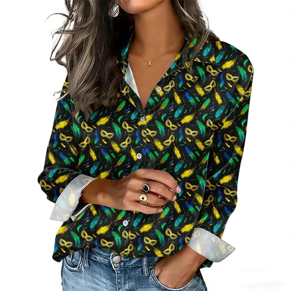 Wowcloth Women's Long Sleeve Blouse, Carnival Style Satin Fabric with Button-Up Front and Lapel Collar for Party and Daily Wear