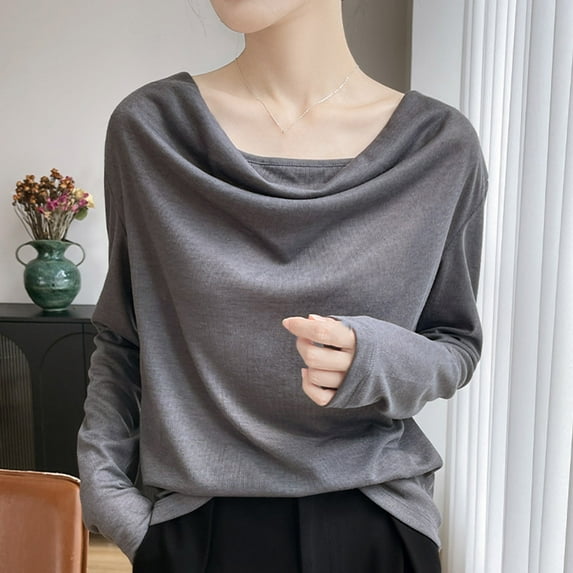 Wowcloth Women's Long Sleeve Round Neck Draped Top, Solid Color Cotton Basic Shirt for Daily Wear and Fashion Under Layers
